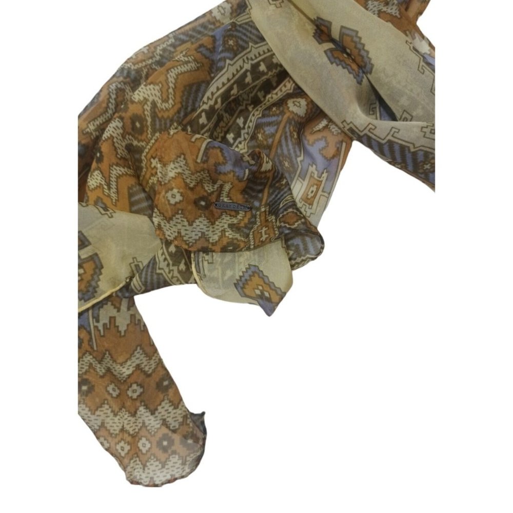 GRANDEUR COLLECTION Beige Geometric Silk Scarf 70"/ 23” EC - Picture 10 of 10